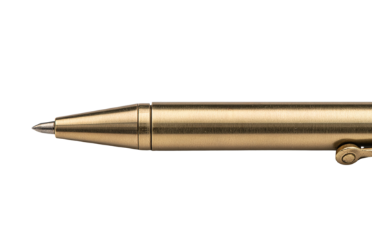 A gold pen with a black tip