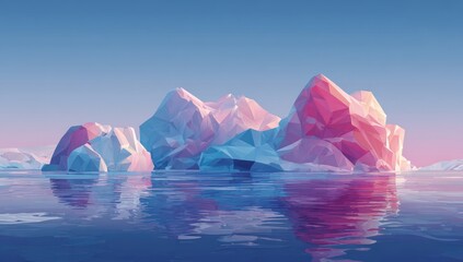 Low-poly icebergs in pastel pink, blue, and white hues float on a calm, reflective sea under a soft, clear sky.  The geometric forms create a surreal, almost dreamlike arctic landscape