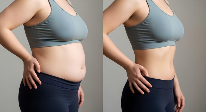Side-by-side comparison of a woman's torso before and after weight loss, showcasing the transformation in body shape and fitness progress.