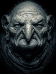 Mysterious Grayscale Portrait: A close-up of a stoic figure with a unique appearance is showcased in a striking grayscale photograph, evoking mystery and depth.