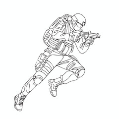 Continuous Simple black line art drawing of a military man in a minimalist style on a white background.