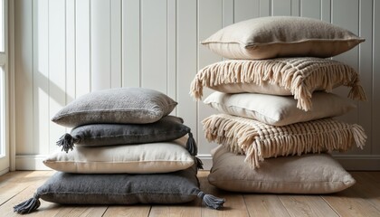 Stack of neutral-toned woolen cushions, throw blankets with tassels. Natural fibers create cozy, comfortable feel, perfect for modern, rustic, minimalist home decor. Geometric patterns, artisan craft