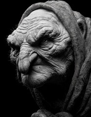 Ancient Entity: A stark monochrome portrait unveils a weathered face, a testament to the passage of time and the weight of experience.