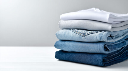白いテーブルに積み重ねられたデニムパンツと白とグレーのTシャツ
