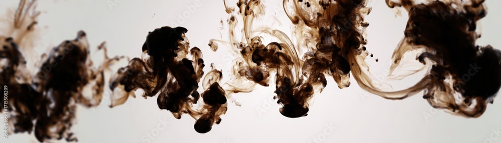 Poster abstract creative splash of dark brown ink swirling and dispersing across a white background with in