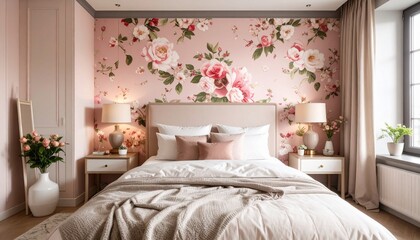 Elegant bedroom design with floral wallpaper and cozy bed for relaxation and comfort