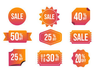 Modern style orange sale stickers and labels with discount percentages. Vector set of promotional price tags for shopping, clearance events, and seasonal holiday offers.
