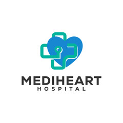 MediHeart Hospital logo design featuring a heart and plus sign for healthcare brand identity