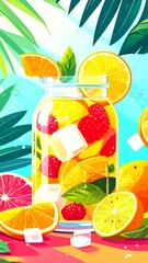 Refreshing summer fruit cocktail illustration with oranges, raspberries, ice cubes, and mint leaves in a jar