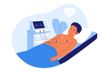 Illustration of Electrocardiogram Test. Patient on an ECG Machine Bed for Heart Health Monitoring and Cardiac Diagnosis