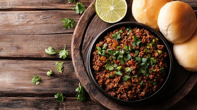 A serving of keema pav with spicy minced meat and buttered buns on a rustic wooden background.