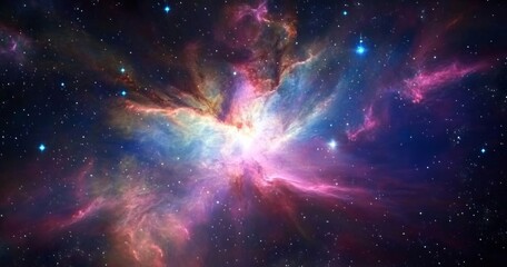 Vibrant nebula with swirling clouds of gas and dust illuminated by stars in deep space