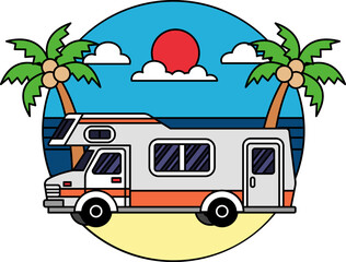 illustration of A camper van is parked on a beach