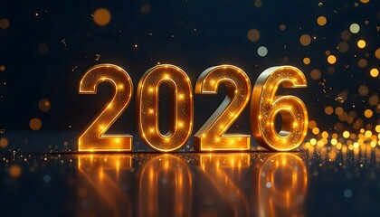 Happy New Year 2026 Greeting Card with 3D Gold Numbers, Golden Christmas Decorations, Confetti on Midnight Blue, black, green Background Elegant Festive Holiday Design.