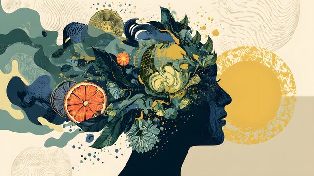 A colorful illustration depicting a person's head with various images and symbols emerging from it, representing thoughts and creativity