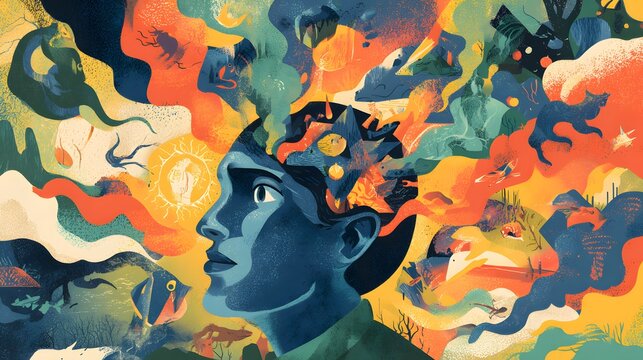 A colorful illustration depicting a person's head with various images and symbols emerging from it, representing thoughts and creativity - Powered by Adobe