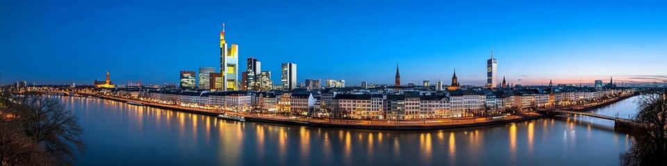 Panoramic view of a city skyline at dusk with illuminated buildings reflected in a river