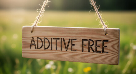 Wooden sign stating "Additive Free" hanging in natural grassy field  