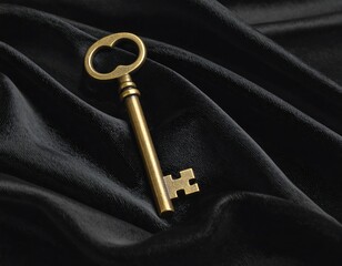 Naklejka premium A vintage brass key rests elegantly on a dramatic expanse of deep black fabric.