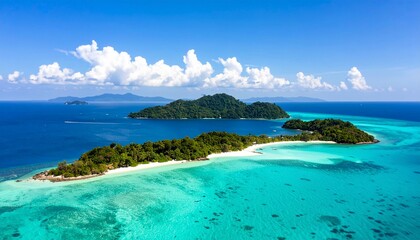Aerial panorama of tropical islands with turquoise waters and lush greenery under a blue sky