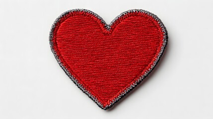 A red heart-shaped patch with a silver border, featuring a textured fabric surface on white background