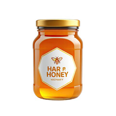 Clear glass honey jar with gold lid, white label featuring hexagon, bee graphic, and honey brand name