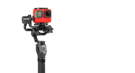 Red action camera on a gimbal stabilizer for smooth video recording isolated PNG with Transparent Background