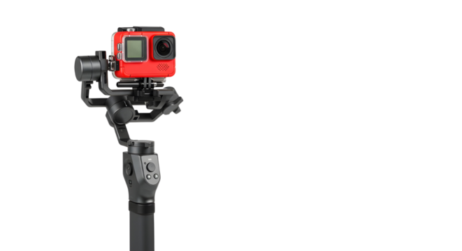 Red action camera on a gimbal stabilizer for smooth video recording isolated PNG with Transparent Background