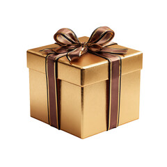 A gold box with a brown ribbon tied around it