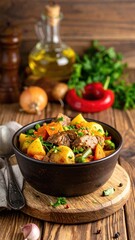 Hearty stew in a bowl, rustic wooden background