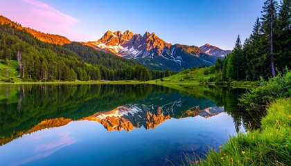 Serene mountain lake at sunrise, with a mirrored reflection of the peaks in the calm water.