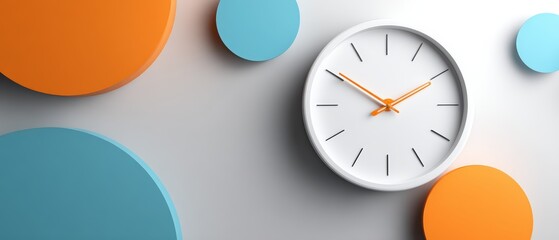 Minimalist modern wall clock with orange minute hand surrounded by colorful abstract geometric shapes in a contemporary home or office setting
