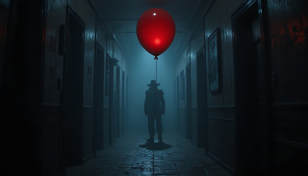 A shadowy figure stands in a dark hallway, a red balloon floating above, creating a suspenseful and eerie atmosphere.