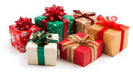 Obraz premium A collection of colorful wrapped gifts with bows, featuring red, green, and gold designs, arranged in a festive manner