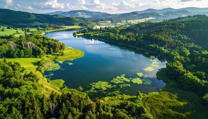 Fototapeta premium Lush greenery surrounds a serene lake, reflecting a peaceful landscape.