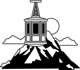 black and white isolated illustration of a ski lift above the snow mountain