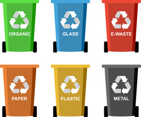 vector set of recycling wheelie bin icons. isolated on white background, industrial recycle of separate waste and garbage concept symbols