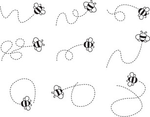 vector flying honey bee cartoons design isolated on white background. flat style flying bumble bee pictograms with dashed lines. beekeeping