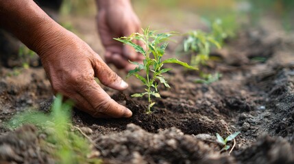 A close-up of hands planting a young green seedling in rich soil during sunset