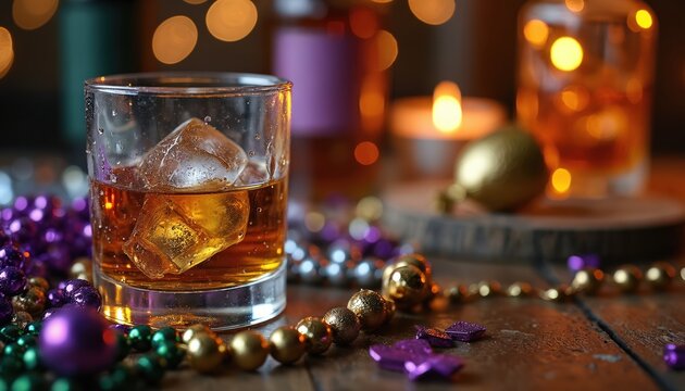 Glass of whiskey with ice on wooden table, surrounded by Mardi Gras beads. Festive atmosphere with bokeh lights, candles. Perfect for holiday, celebration, bar, or party themes.