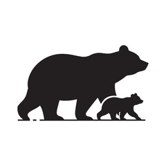Bear walking with cub trailing behind vector silhouette outline logo design illustration