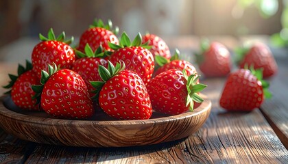 Freshly picked strawberries rest attractively in a wooden bowl, bathed in natural light.