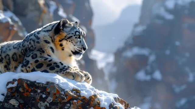 Majestic Snow Leopard Resting on Snowy Mountain Peak