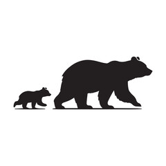 Bear walking with cub trailing behind vector silhouette outline logo design illustration