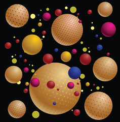 dynamic abstract background with assorted colorful spheres and polka-dotted gold orbs on black