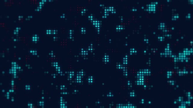Abstract Digital Grid of Glowing Cyan and Red Dots Pulsating on Dark Background Futuristic