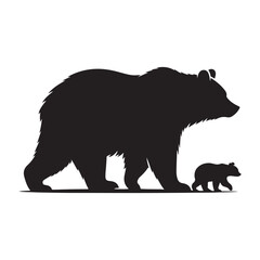 Fototapeta premium Bear walking with cub trailing behind vector silhouette outline logo design illustration