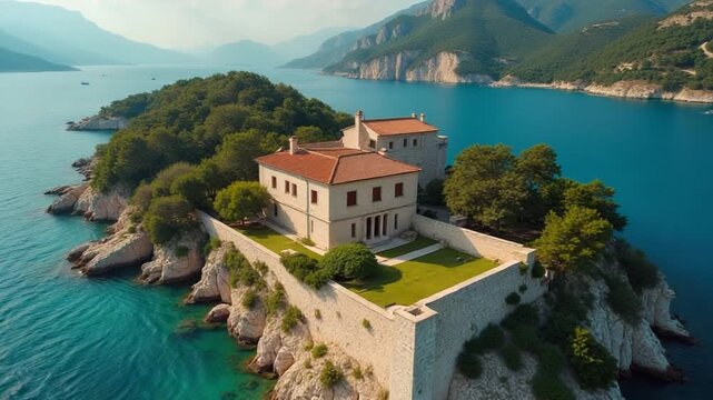 Cinematic top down drone view of Odysseus legendary palace in Ithaca island