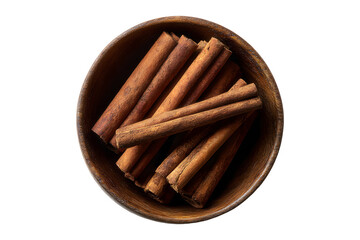 Cinnamon sticks in a wooden bowl isolated on transparent background