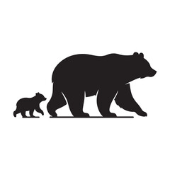 Bear walking with cub trailing behind vector silhouette outline logo design illustration